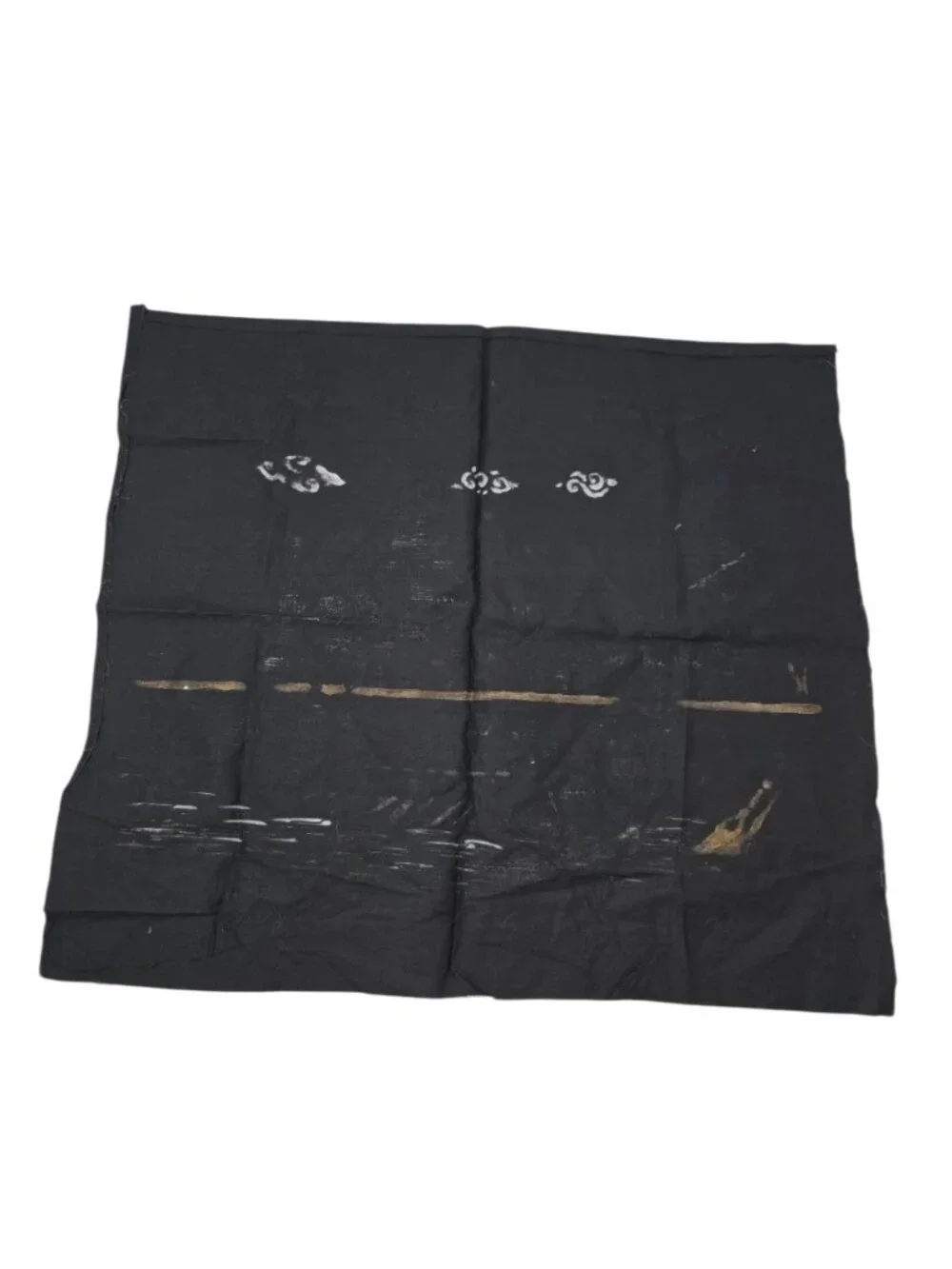 Vintage Thai Silk Scarf Panel Gold Temple Boat Scene Black 20x18